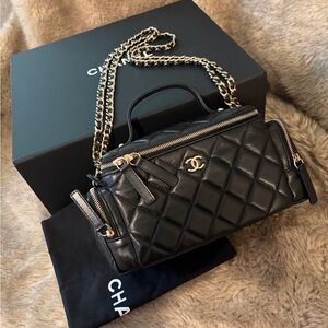 Chanel Black Quilted East/West Vanity Case with Crossbody Bag with Gold Chain
